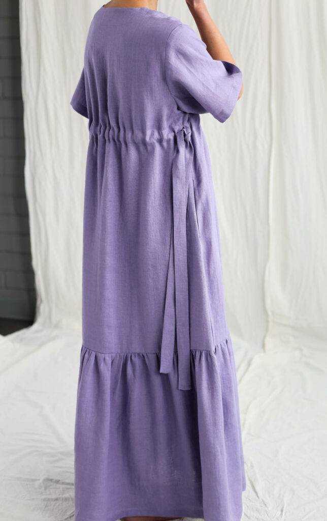 Lavender linen maxi dress with adjustable waist ties - Image 2