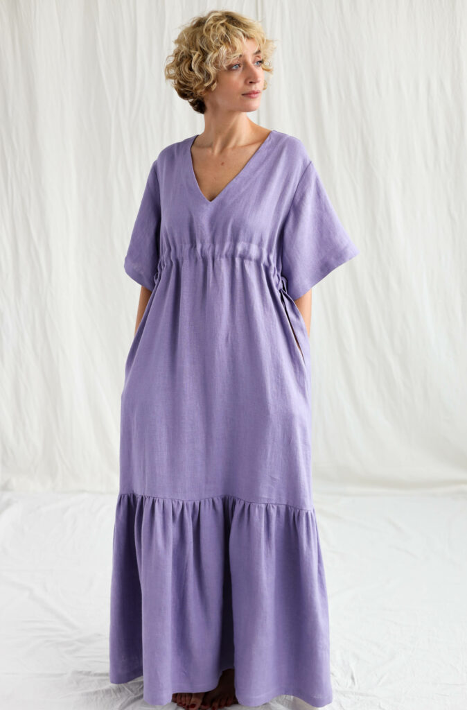 Lavender linen maxi dress with adjustable waist ties - Image 3