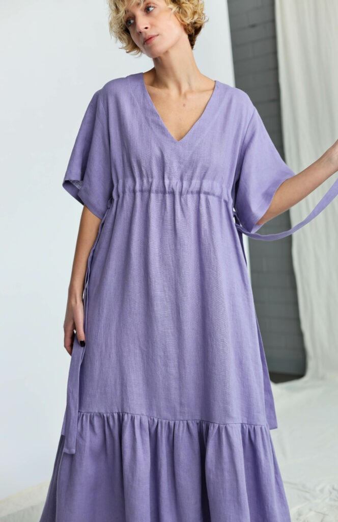 Lavender linen maxi dress with adjustable waist ties - Image 4