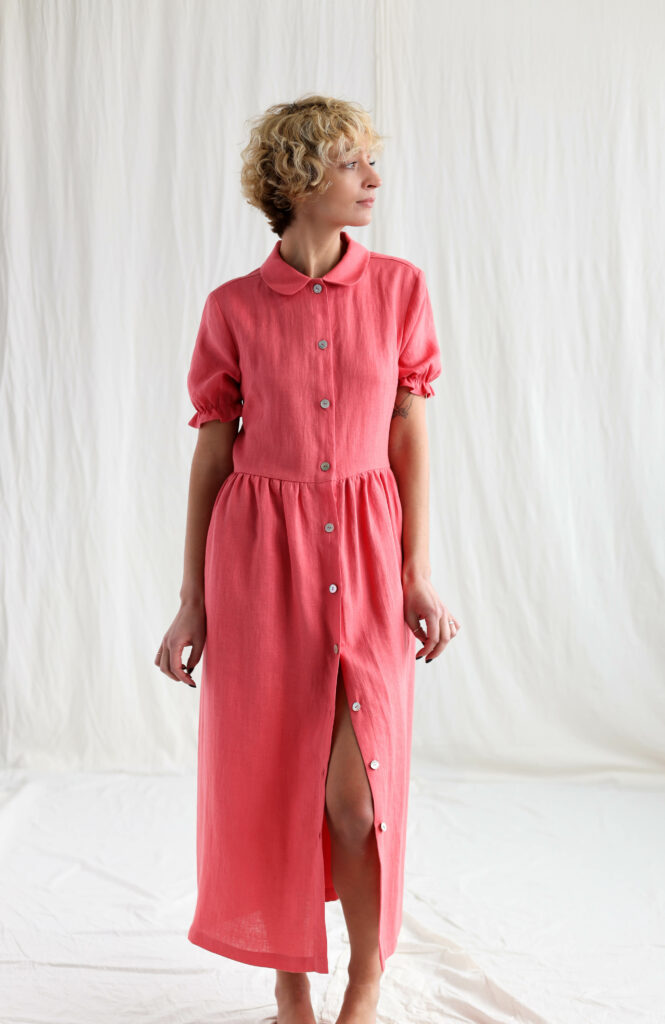 Coral linen button through summer dress MAY - Image 1