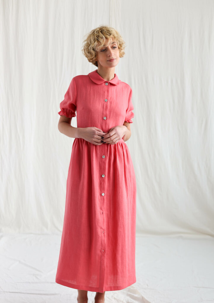 Coral linen button through summer dress MAY - Image 2