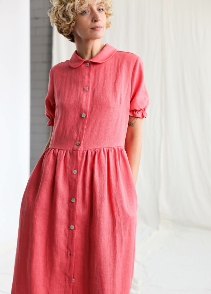 Coral linen button through summer dress MAY - Image 5