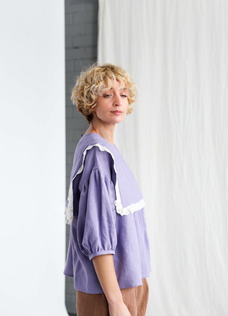 Oversized large collar lavender linen blouse AMELIA - Image 5