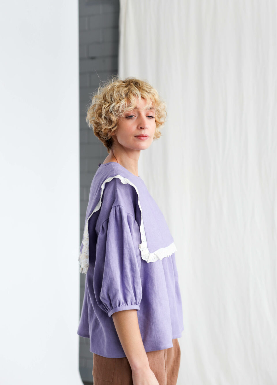 Oversized large collar lavender linen blouse AMELIA - Image 5