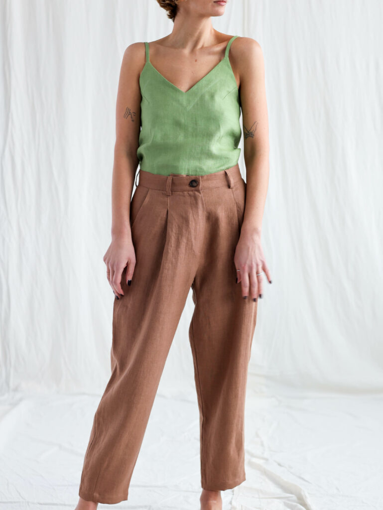 Boxy hazel linen tapered leg trousers - Image 5