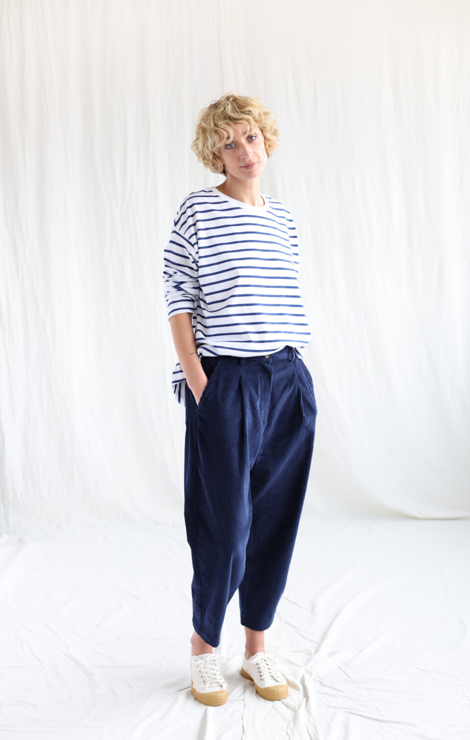 Boxy navy blue cord trousers - Image 1