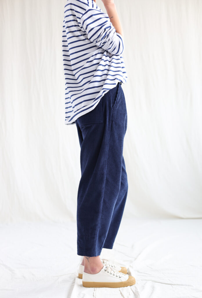 Boxy navy blue cord trousers