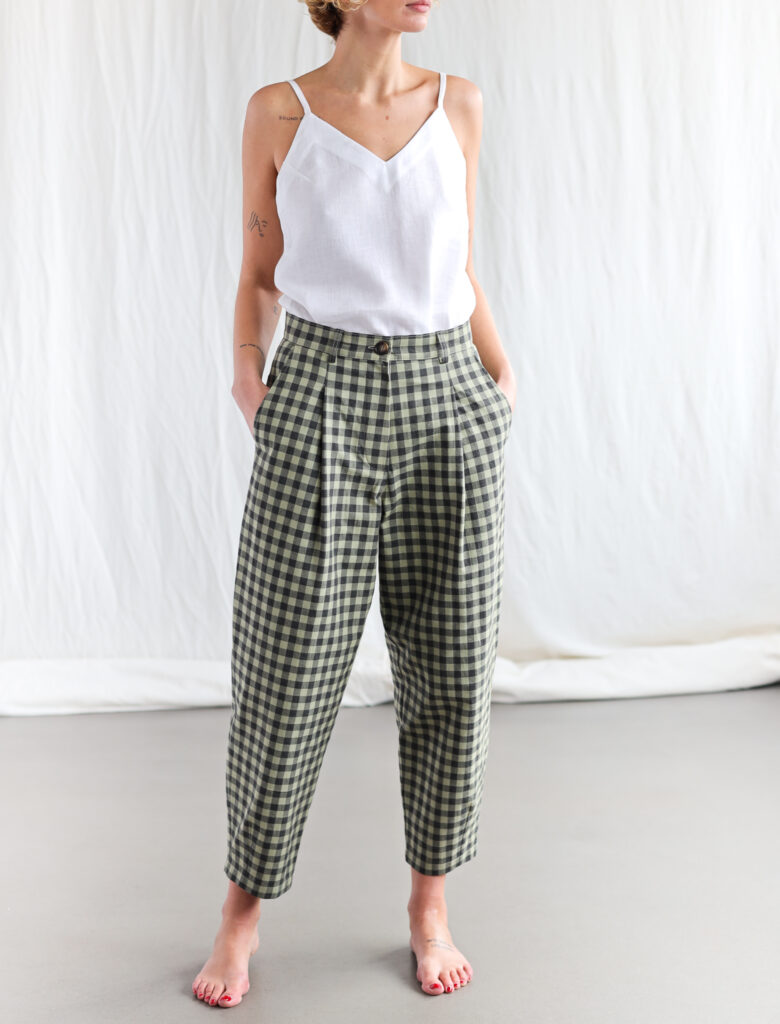 Boxy organic cotton gingham trousers