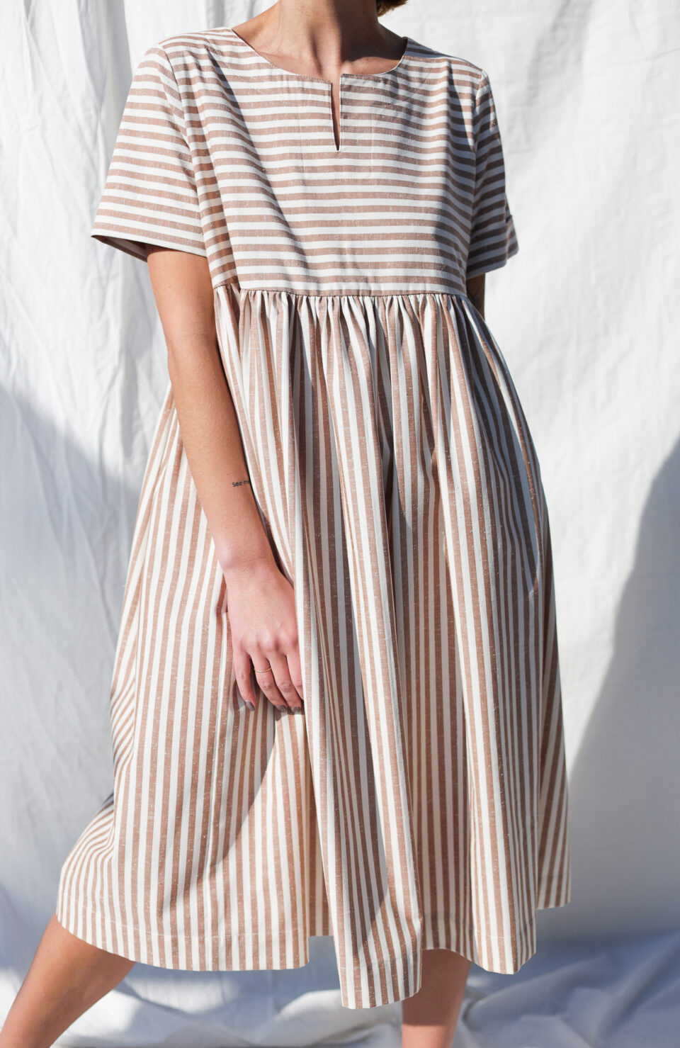 Striped organic cotton short sleeve midi dress - Image 1