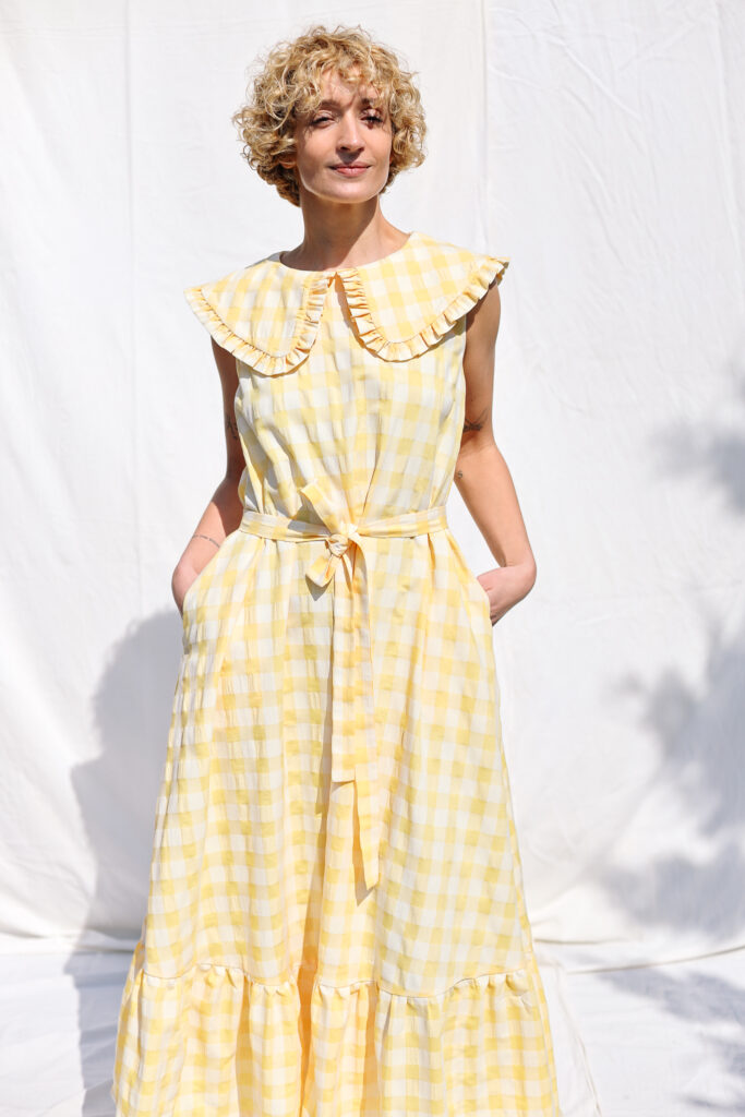 Collared sleeveless summer dress in yellow seersucker checks | Dress | Sustainable clothing | OffOn clothing
