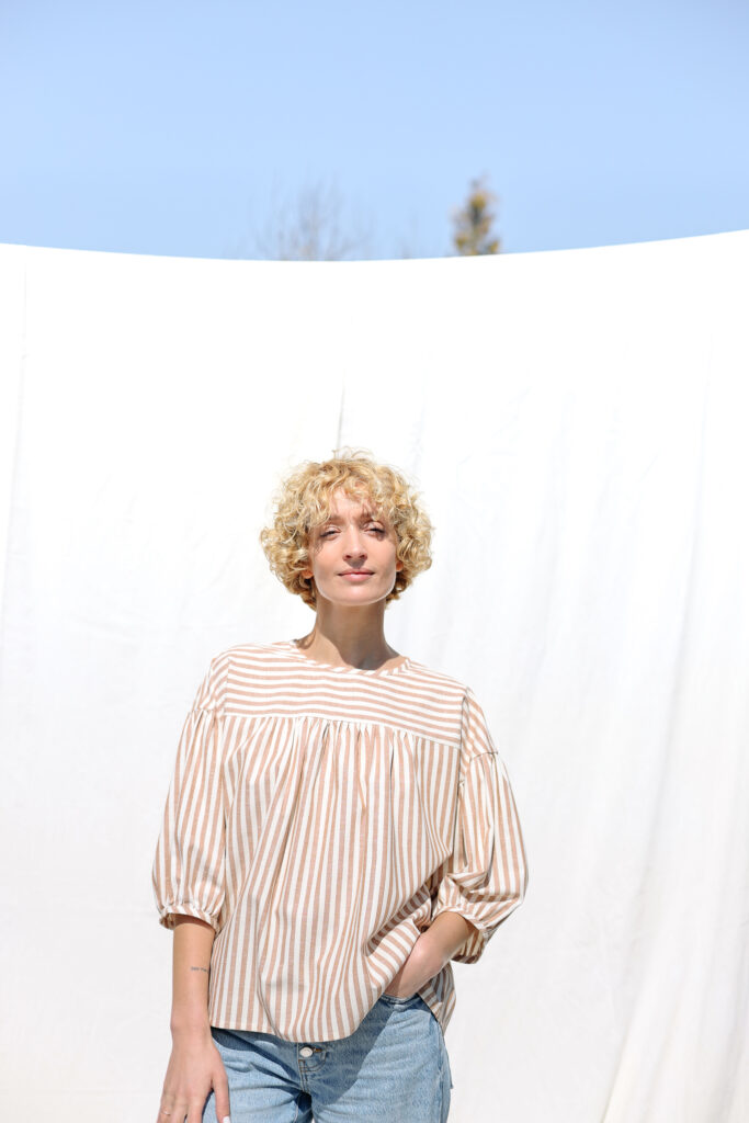 Dropped shoulders striped organic cotton blouse LIA | Top | Sustainable clothing | OffOn clothing