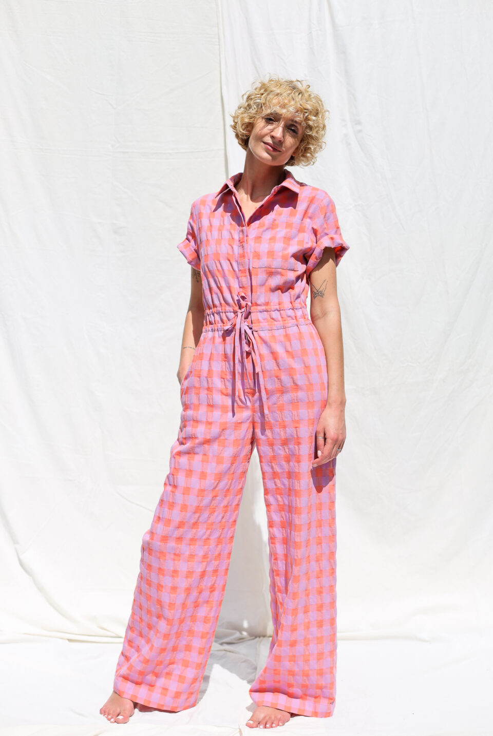 Seersucker checks short sleeved summer jumpsuit LENNY - Image 1