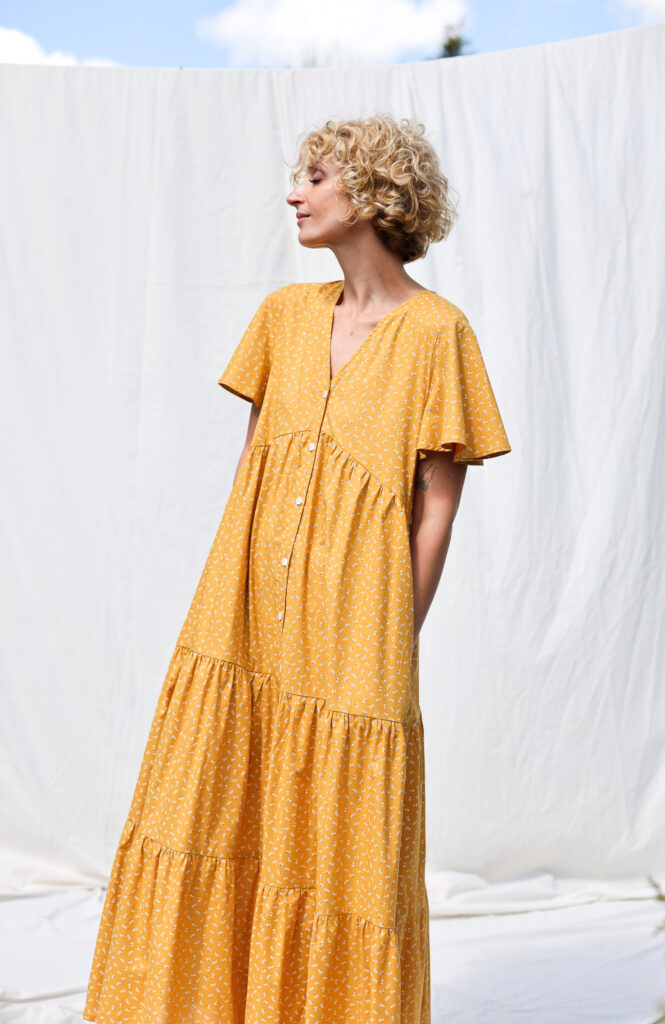 Tiered honey floral organic cotton dress GINA | Dress | Sustainable clothing | OffOn clothing