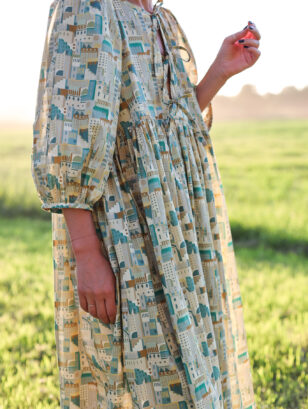 Reversible puff sleeve dress FELDA in architectural print silky cotton fabric | Dress | Sustainable clothing | OffOn clothing