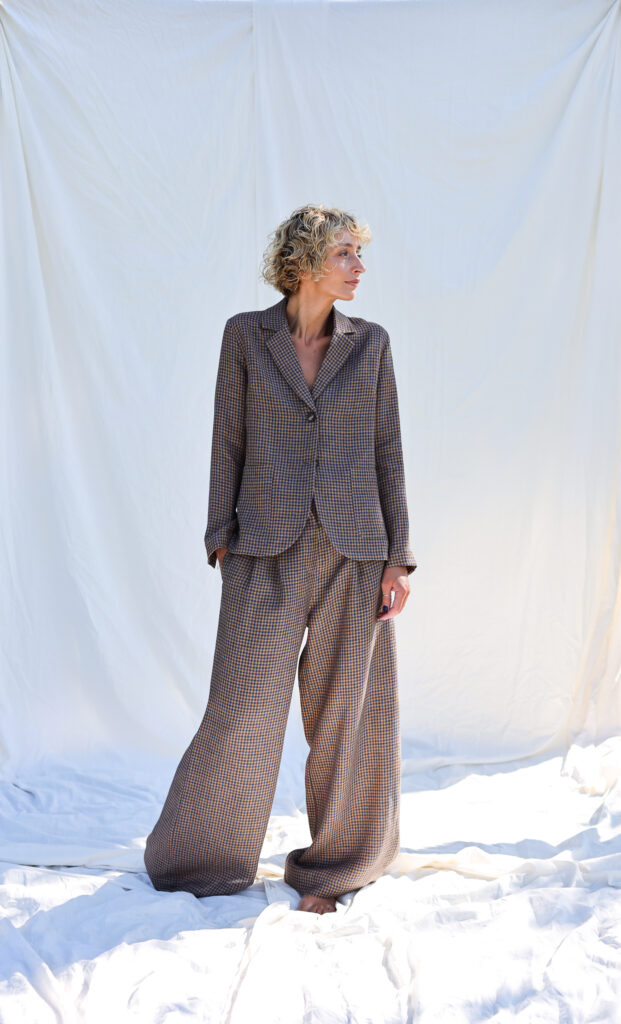 Pleated gingham linen palazzo trousers - Image 1