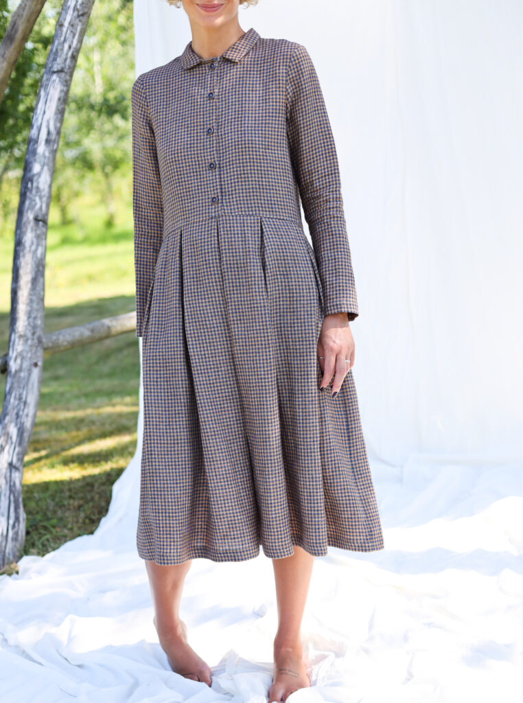 Gingham linen long sleeve loose fit dress - Image 1