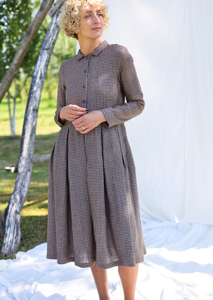 Gingham linen long sleeve loose fit dress - Image 3