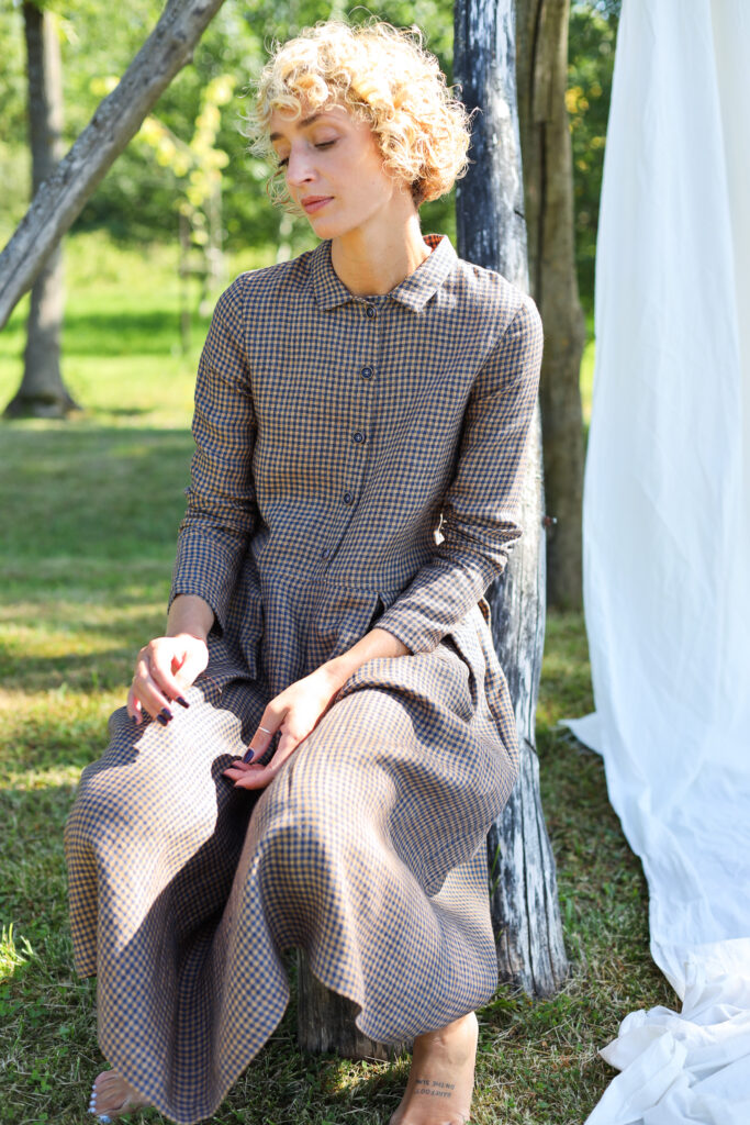 Gingham linen long sleeve loose fit dress - Image 6