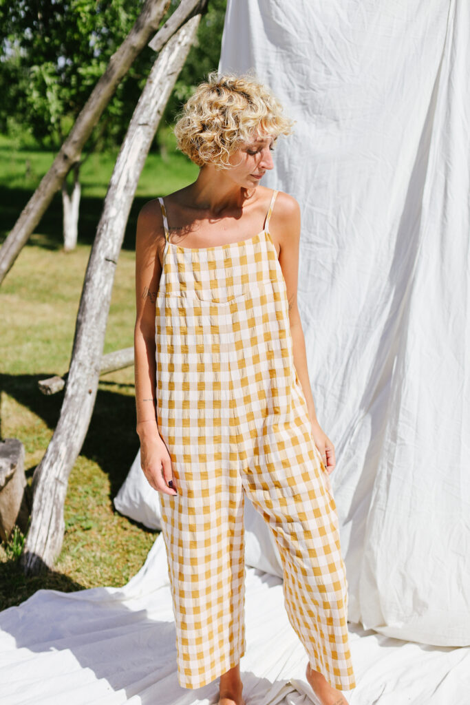 Spaghetti strap jumpsuit in seersucker gingham cotton ADA - Image 1