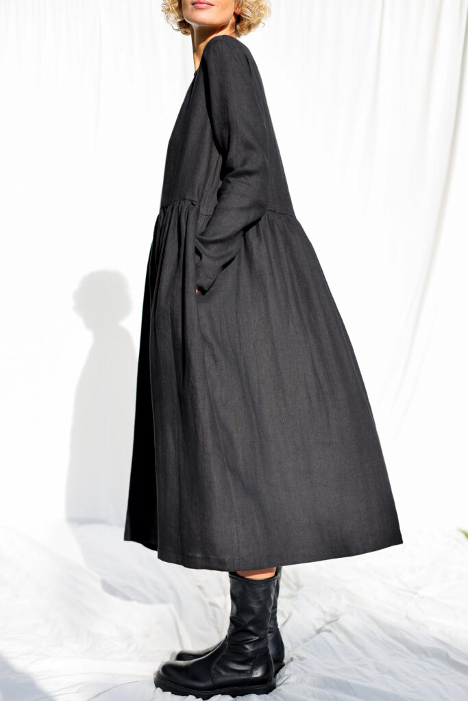 Black linen loose fit smock dress MILANA - Image 6