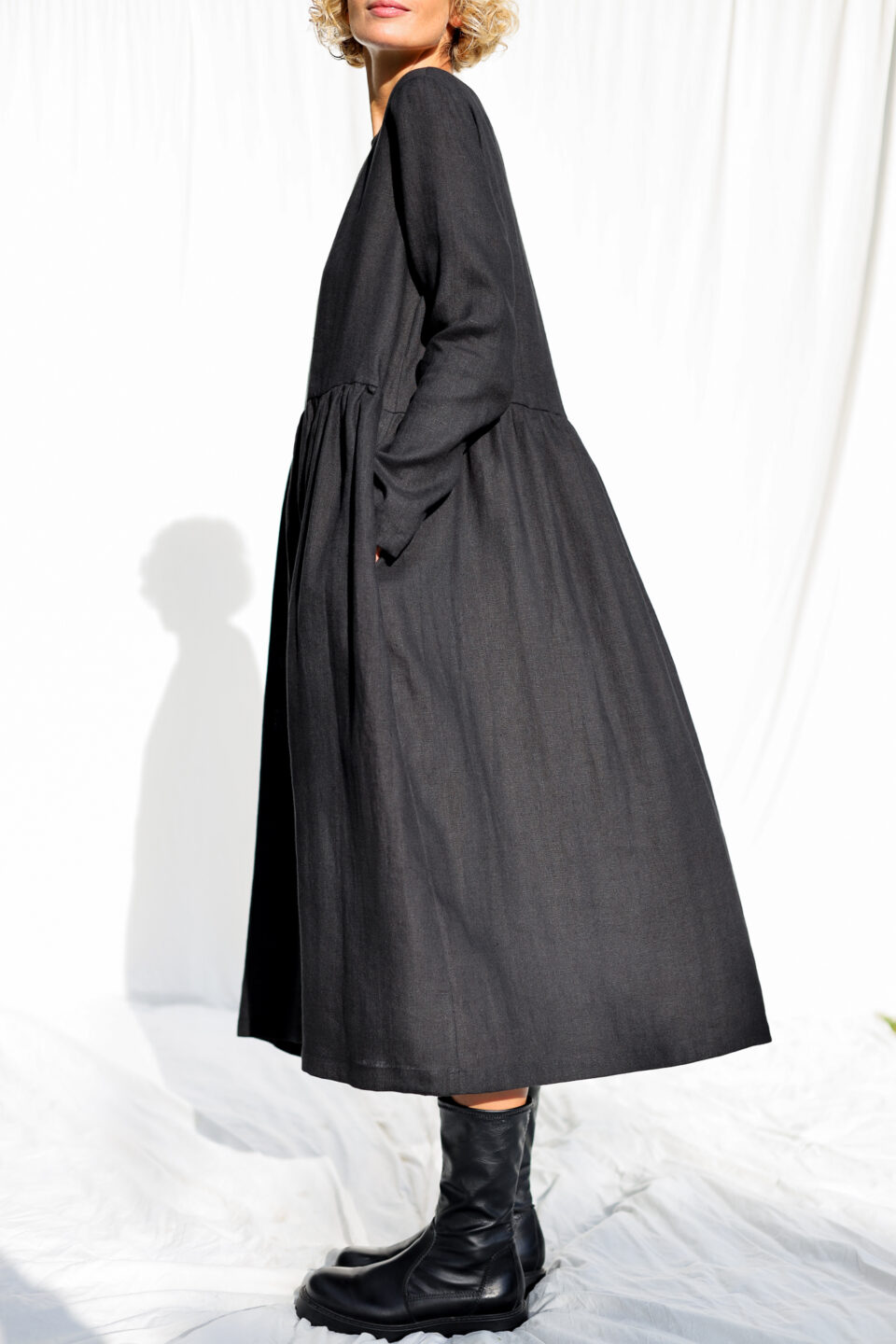 Black linen loose fit smock dress MILANA - Image 6