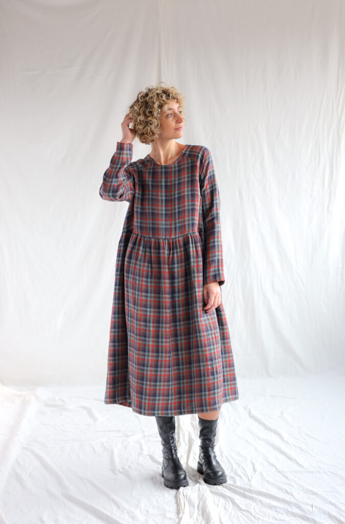 Plaid raglan sleeve linen dress JADE - Image 4