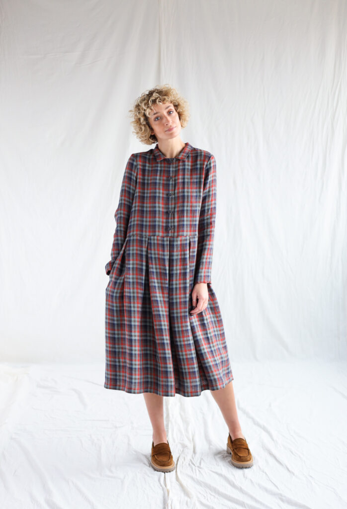Plaid linen pleated skirt classic shirtdress - Image 1