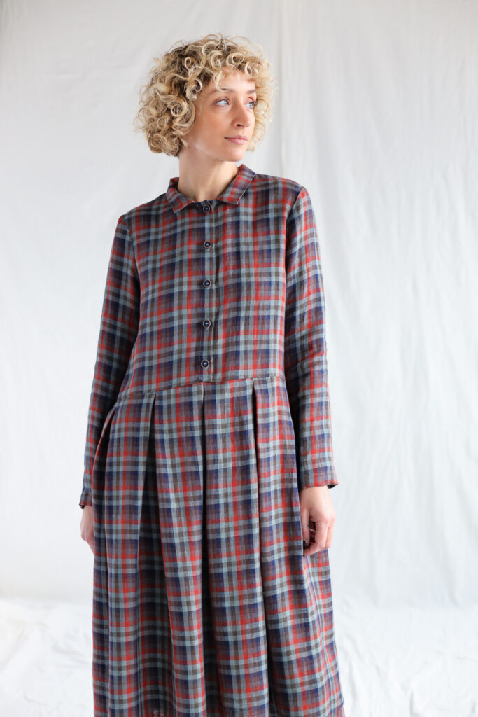 Plaid linen pleated skirt classic shirtdress - Image 2