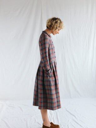 Plaid linen pleated skirt classic shirtdress | Dress | Sustainable clothing | OffOn clothing