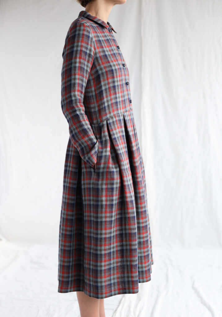 Plaid linen pleated skirt classic shirtdress - Image 3