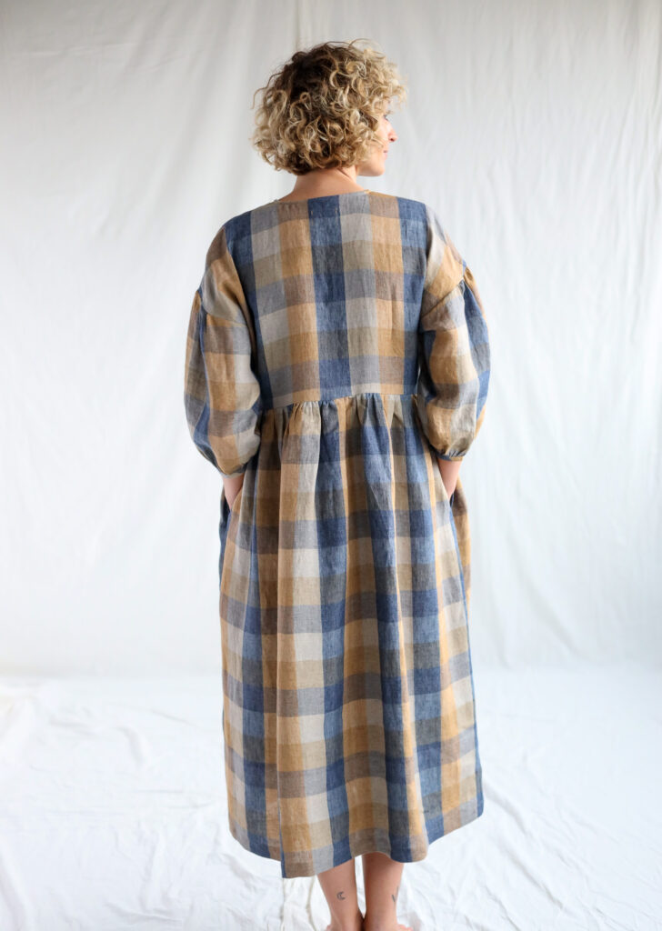 Linen V-neck dropped shoulders dress in blue multi checks - Image 1