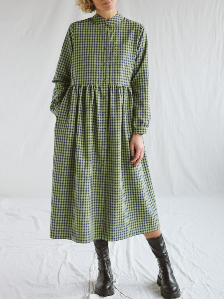 Gingham seersucker long sleeve grandad collar dress CORA - Image 1