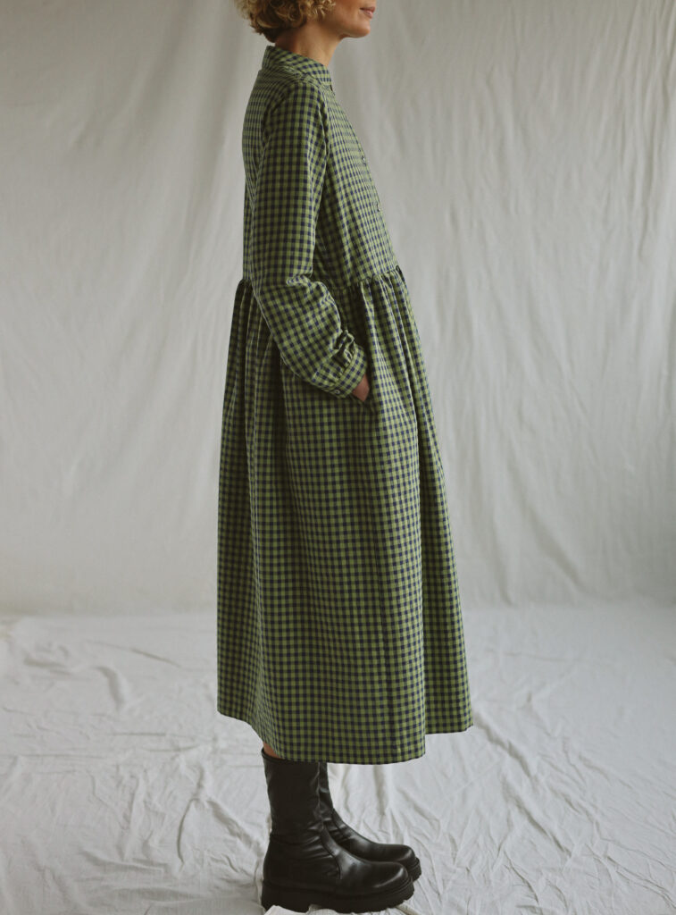 Gingham seersucker long sleeve grandad collar dress CORA - Image 2