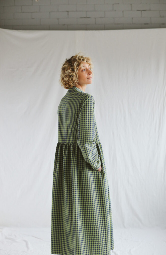 Gingham seersucker long sleeve grandad collar dress CORA - Image 3