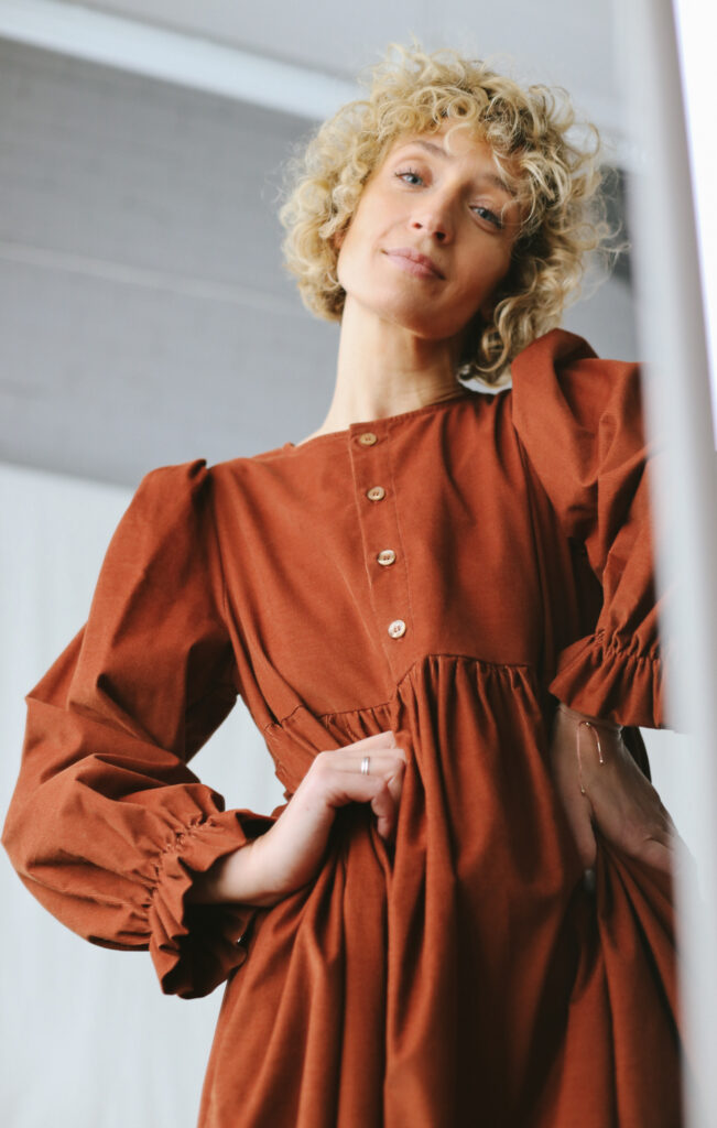 Needlecord long sleeve dress in brick color - Image 4
