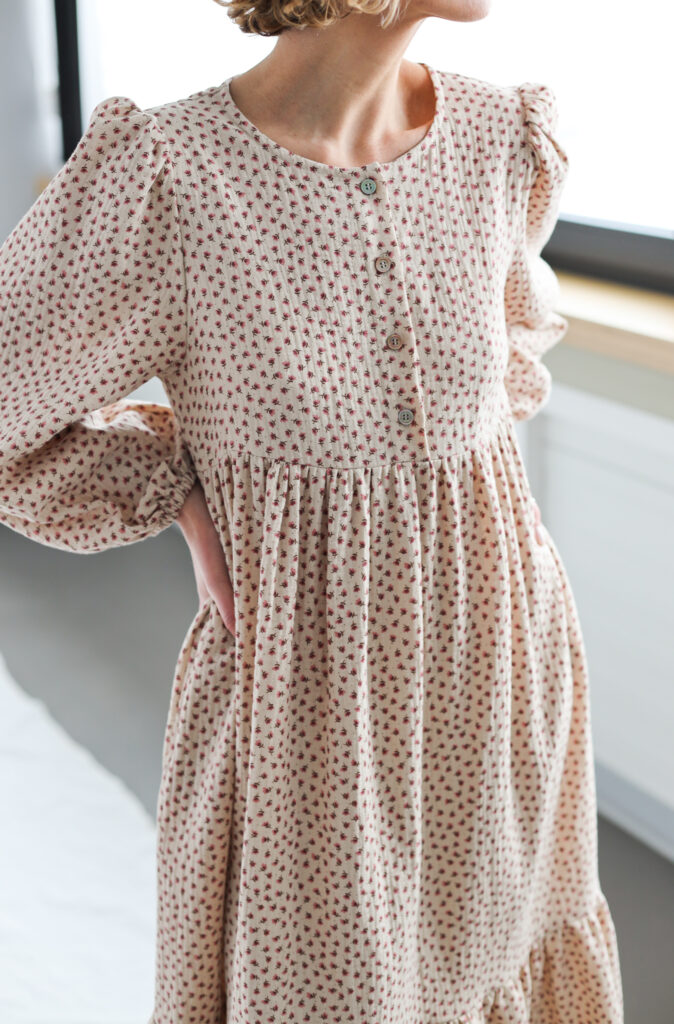 High waisted floral double gauze cotton dress FLEUR | Dress | Sustainable clothing | OffOn clothing