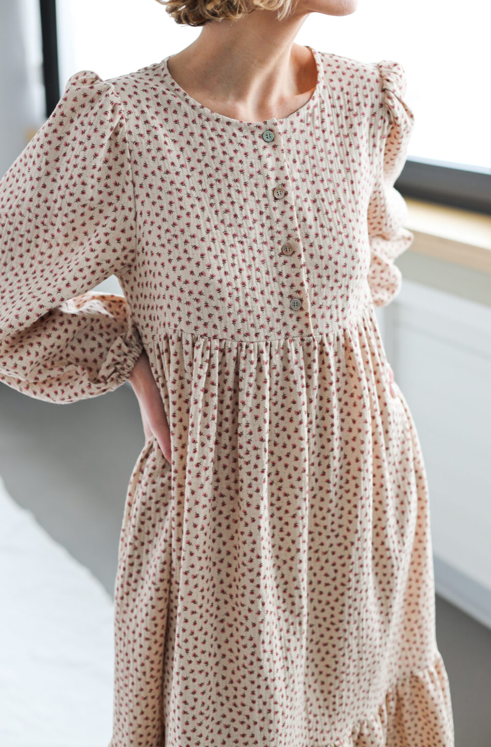 High waisted floral double gauze cotton dress FLEUR | Dress | Sustainable clothing | OffOn clothing